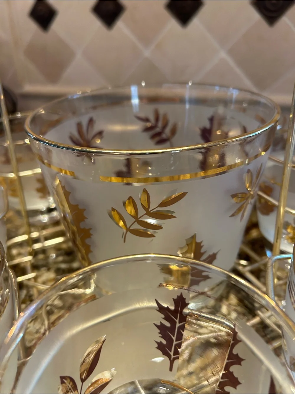 Vintage MCM Libbey Golden Foliage Set with 8 Glasses with Caddy & Ice Bucket.